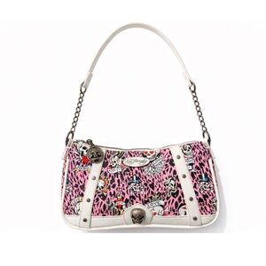 Ed Hardy Pink Leopard Skull Shoulder Bag w/ Crossbody Strap Y2K